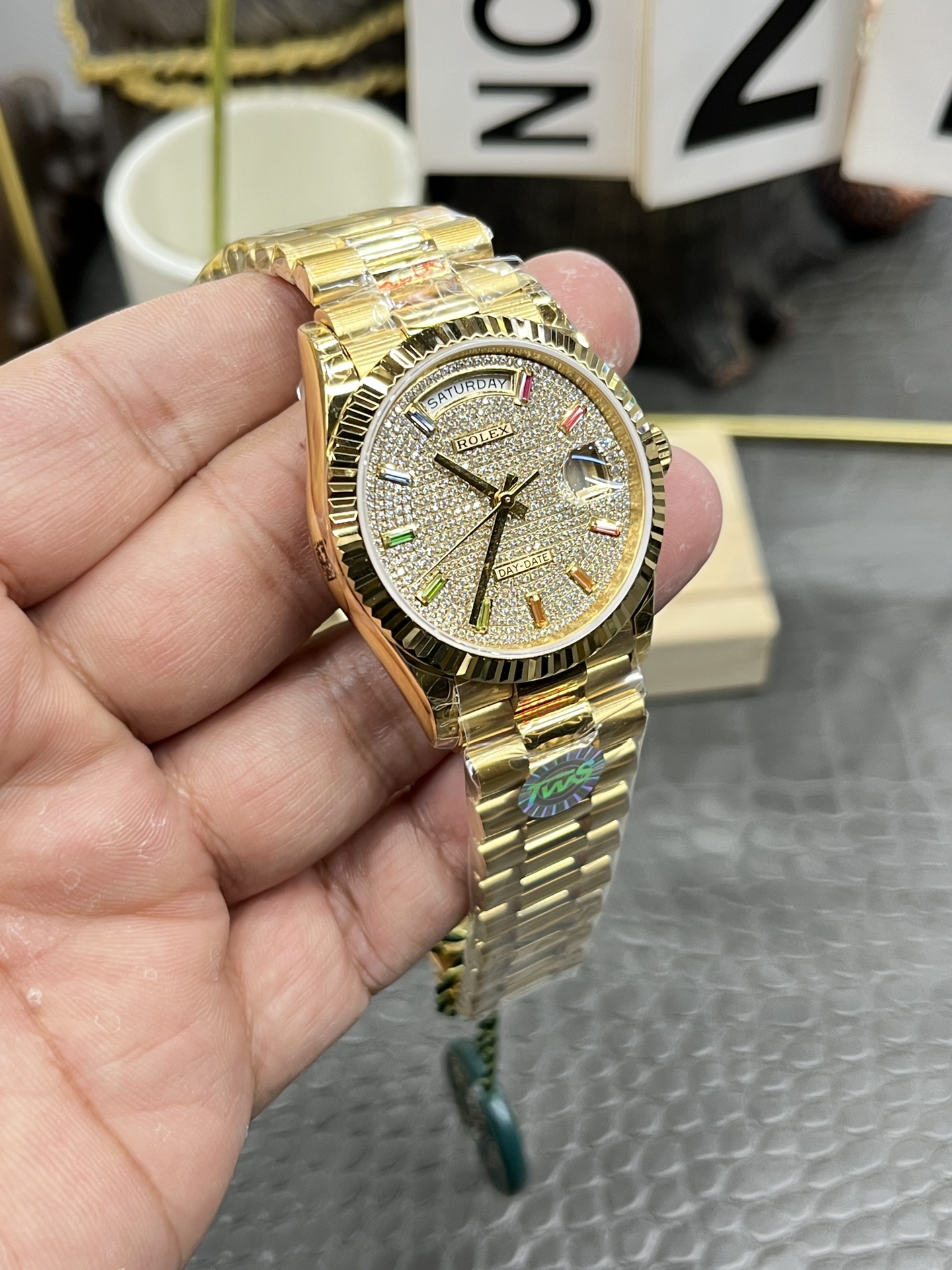 Rolex Day-Date 36 – Yellow Gold - Diamond-paved 128238 Super Clone - Image 4