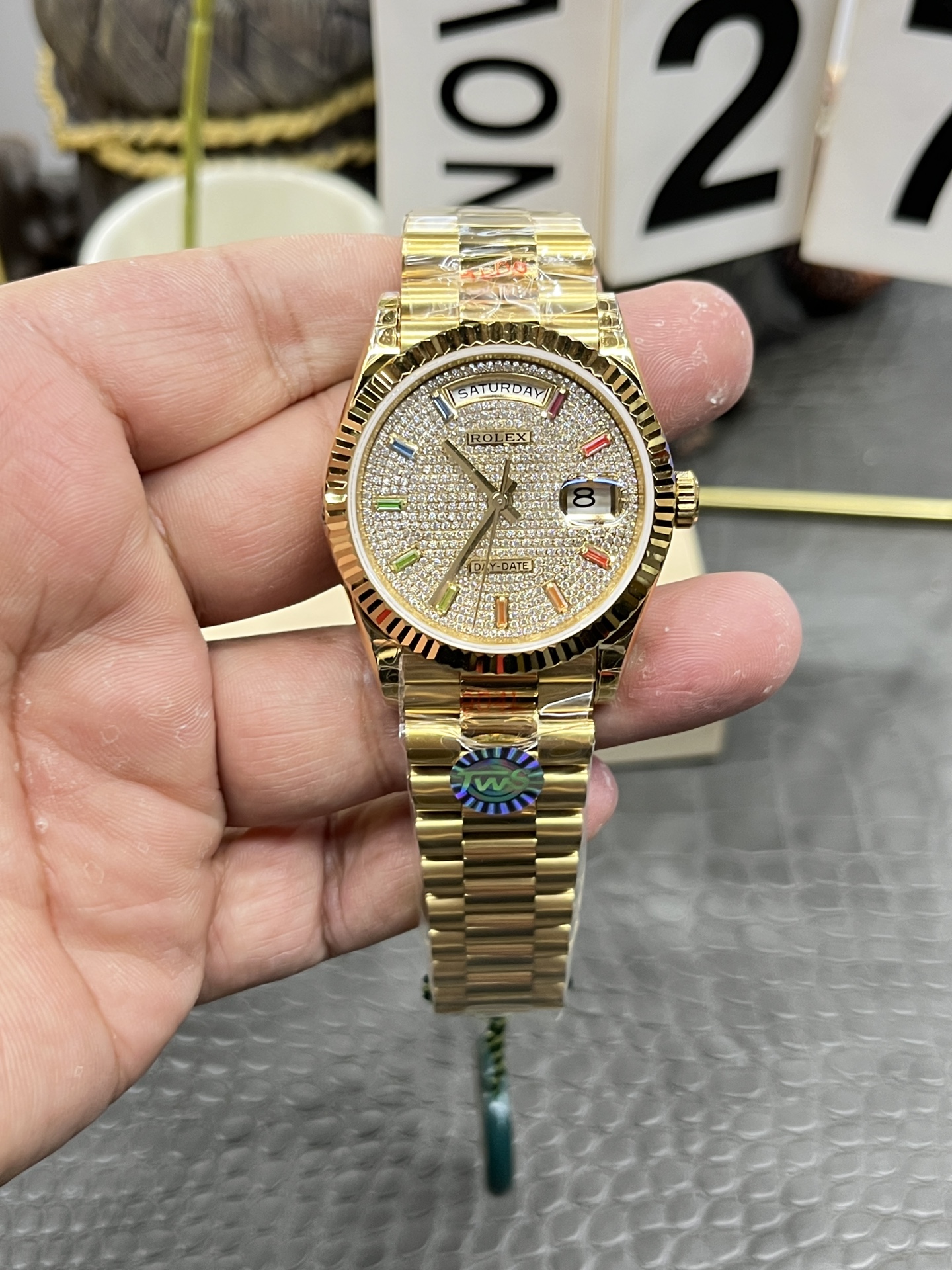 Rolex Day-Date 36 – Yellow Gold - Diamond-paved 128238 Super Clone - Image 2