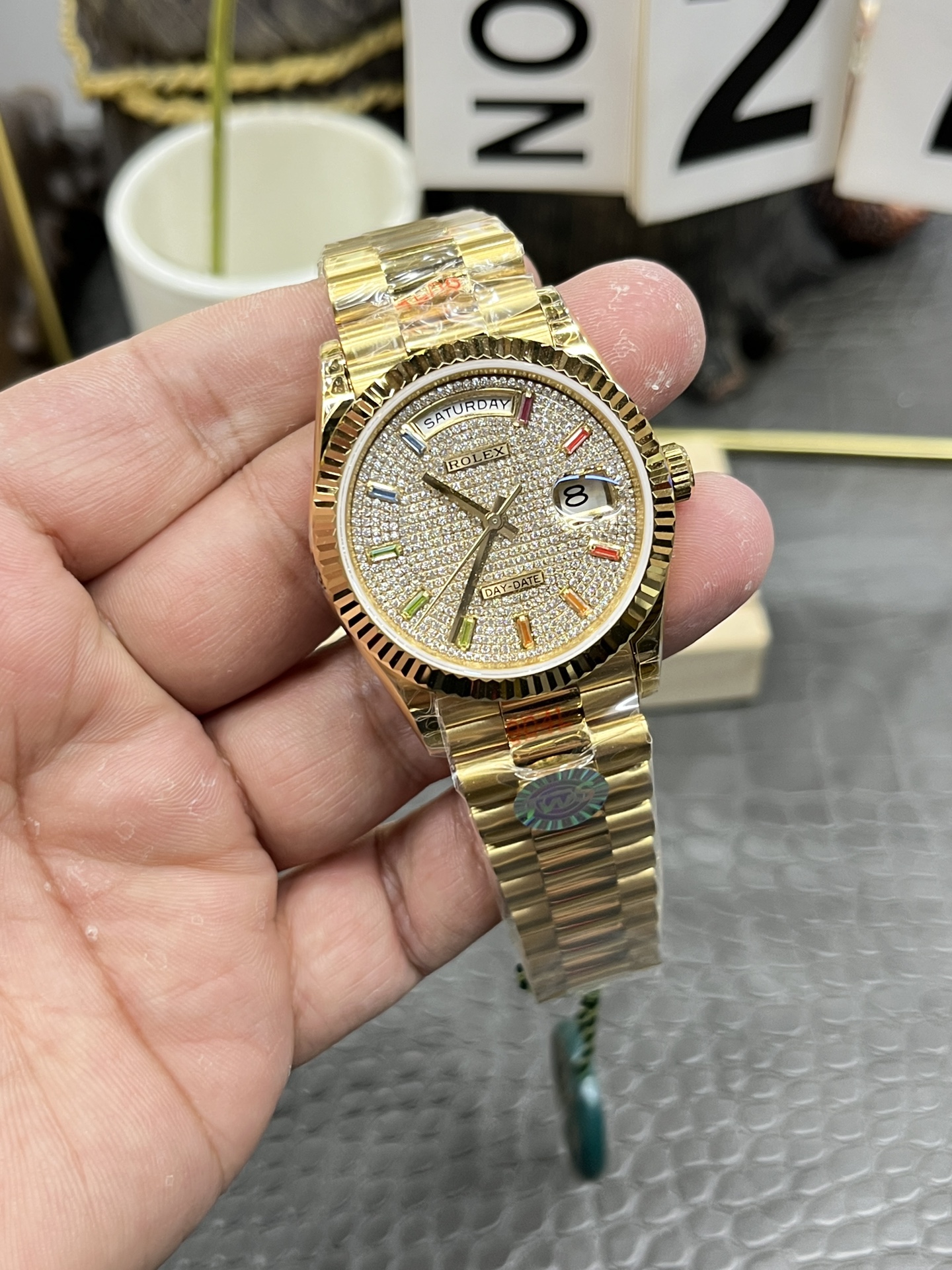 Rolex Day-Date 36 – Yellow Gold - Diamond-paved 128238 Super Clone - Image 3